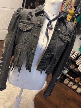 Custom Distressed Black Cropped Nirvana Denim Jacket - Edgy Frayed Hem